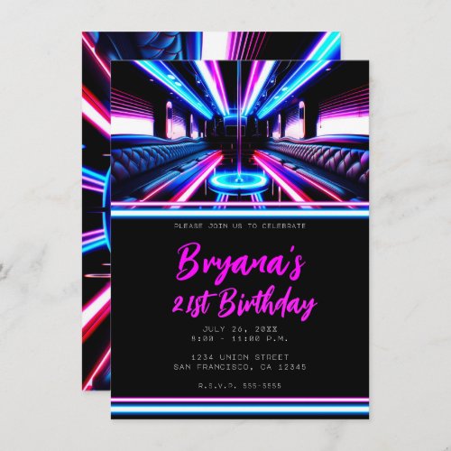 Party Bus Glow Lights Dance Floor Birthday Party Invitation
