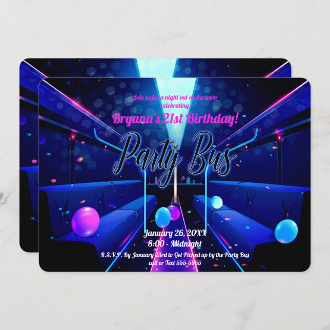 Party Bus Glow Party Club Hopping 21st Birthday Invitation (Front/Back)