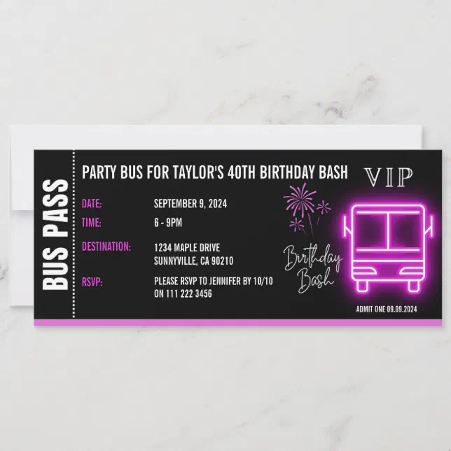Manibus Invitation Code Party Bus Pass Ticket VIP Birthday Invitation | Zazzle