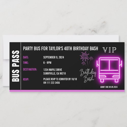 Party Bus Pass Ticket VIP Birthday Invitation