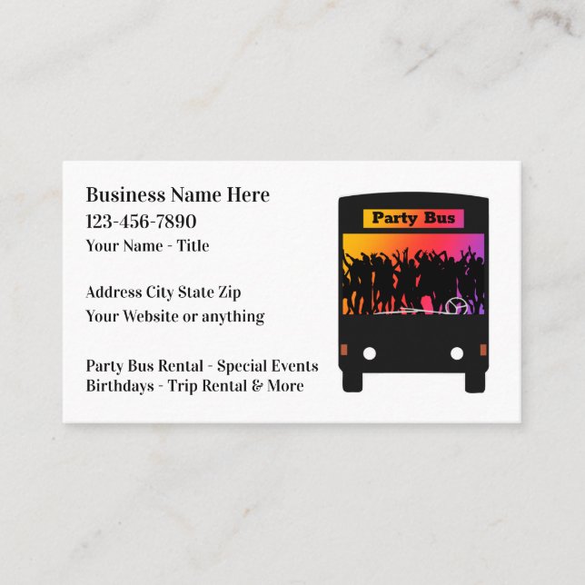 Party Bus Rental And Tour Bus Business Card (Front)