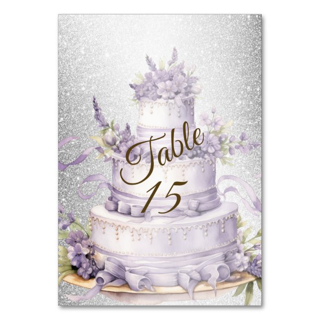 Party Cake Lavender Floral Elegant Watercolor Table Number (Front)