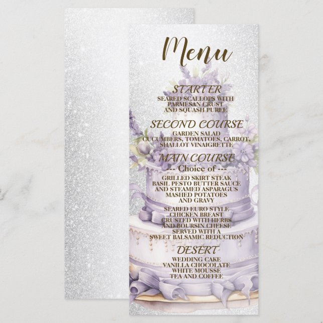 Party Cake Lavender Floral Elegant Wedding Menu (Front/Back)