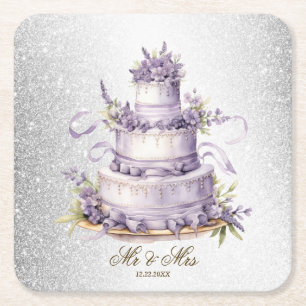 Party Cake Lavender Floral Watercolor Elegant Square Paper Coaster