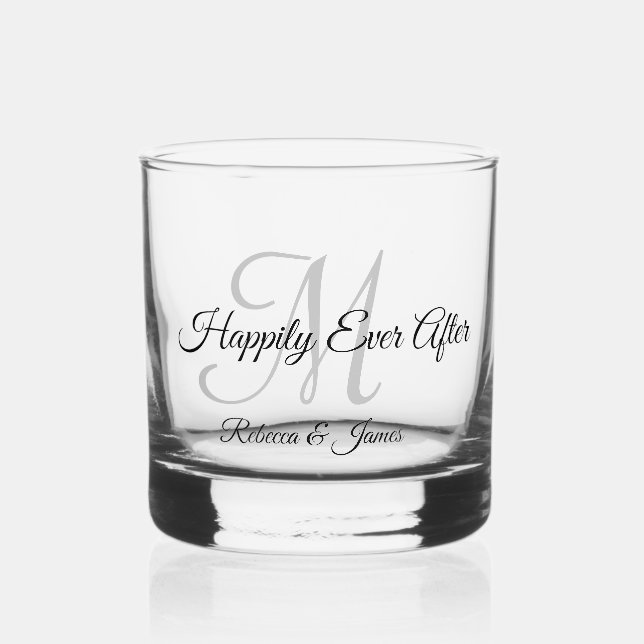 Party Calligraphy Monogrammed Happily Ever After  Whiskey Glass (Front)