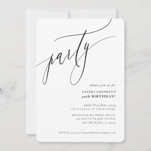 PARTY calligraphy stylish minimal black white Invitation