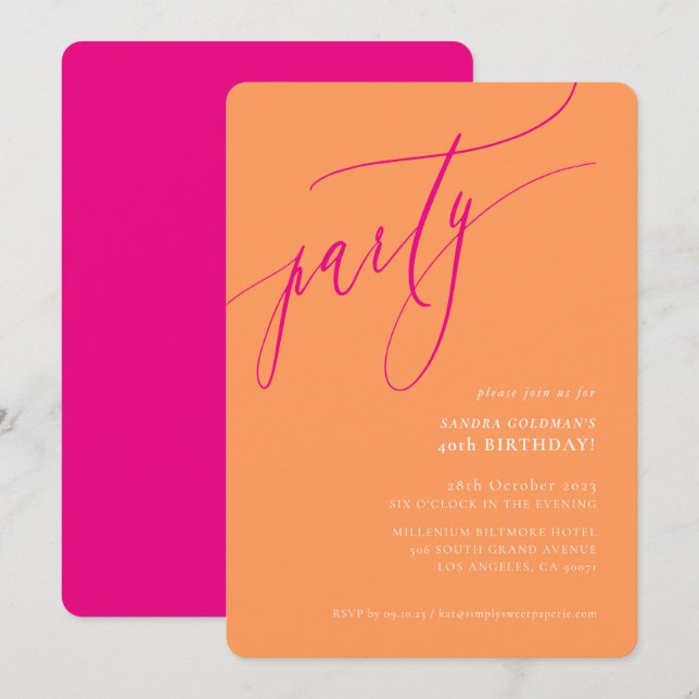 PARTY calligraphy stylish minimal orange pink Invitation (Front/Back)
