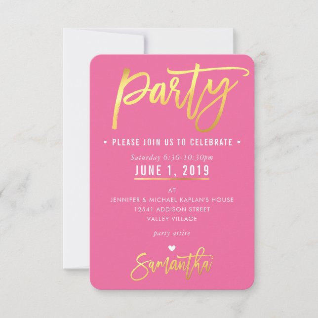 PARTY CARD cute pretty pink white hearts gold (Front)