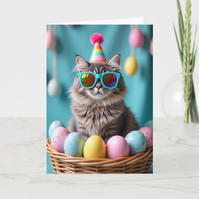 Party Cat In Basket Easter Egg Card (Front)