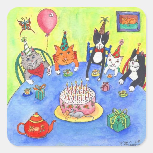 Party Cats!  Birthday kitty cats fun funny cards Square Sticker (Front)