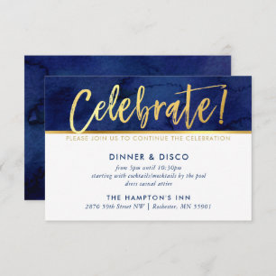 PARTY CELEBRATION CARD blue watercolor gold type