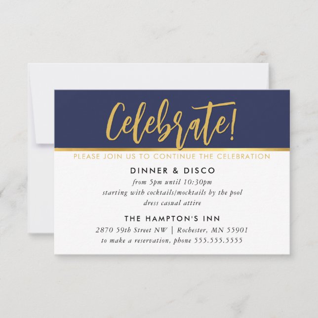 PARTY CELEBRATION CARD modern navy blue gold (Front)