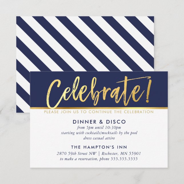 PARTY CELEBRATION CARD modern navy gold writing (Front/Back)