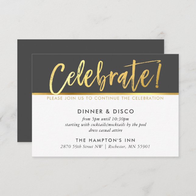 PARTY CELEBRATION DETAILS dark gray gold script Invitation (Front/Back)