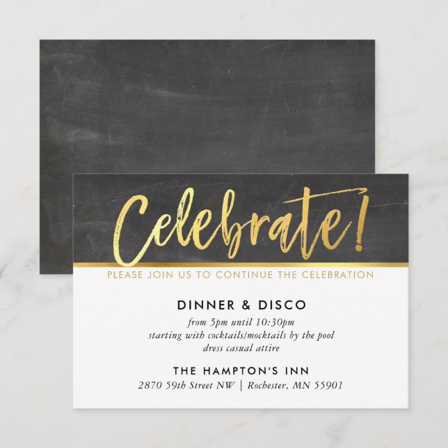 PARTY CELEBRATION DETAILS gray chalkboard gold Invitation (Front/Back)
