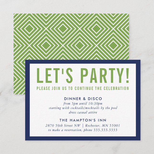 PARTY CELEBRATION INFO modern bold navy blue green Invitation (Front/Back)