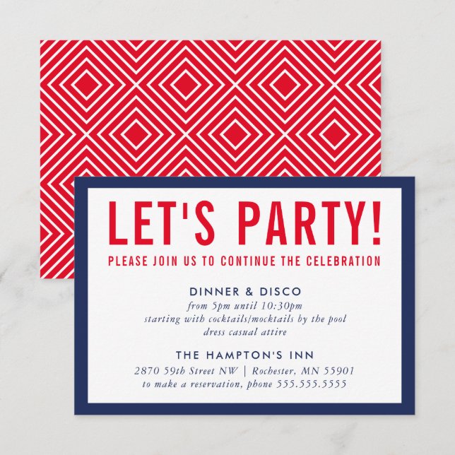 PARTY CELEBRATION INFO modern bold navy blue red Invitation (Front/Back)