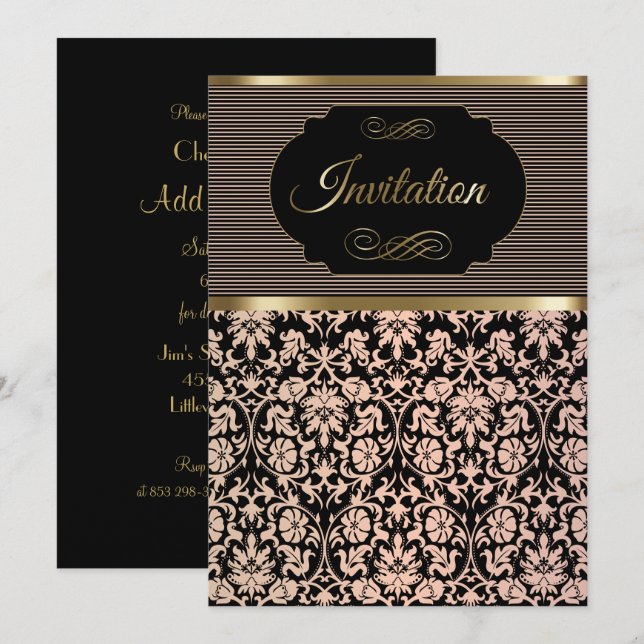 Party Celebration Invitation in Rose, Black & Gold (Front/Back)