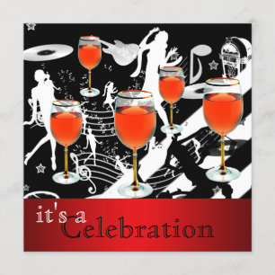 Party Celebration Red Wine Glass Retro Music Invitation