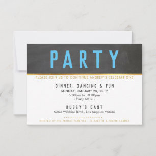 PARTY CELEBRATION smart bold type gold gray aqua RSVP Card