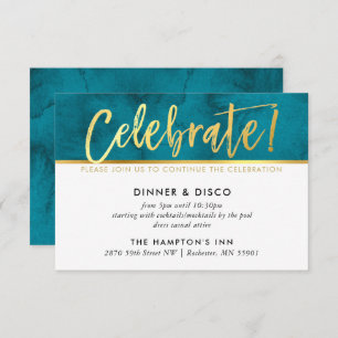 PARTY CELEBRATION teal blue watercolor gold type Invitation