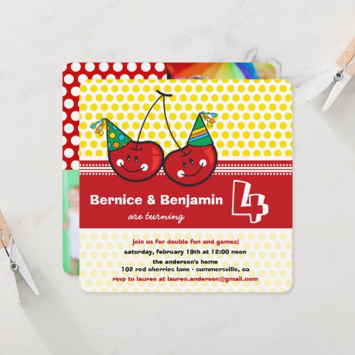 Party Cherries Kids Twins Joint Birthday Photo Invitation