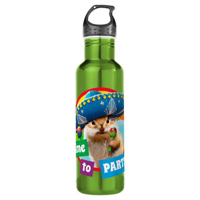 Party Chipmunk In Sombrero Stainless Steel Water Bottle (Front)