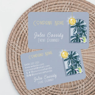 Party Cocktail Disco Ball Palm Blue Event Planner Business Card