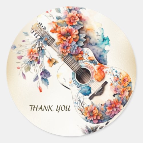 Party Colorful Flowers Guitar Music Instrument Classic Round Sticker