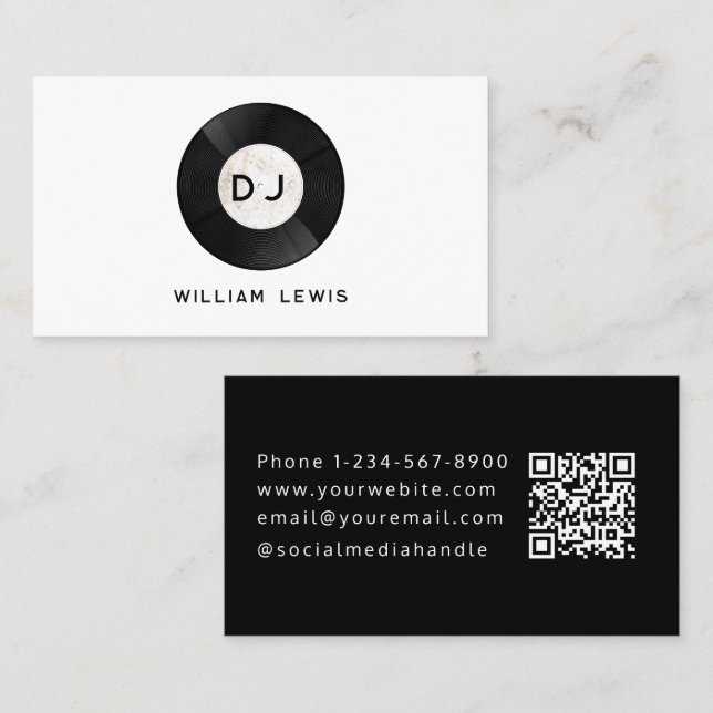 Party DJ Deejay Retro Vinyl Record Music QR Code  Business Card (Front/Back)