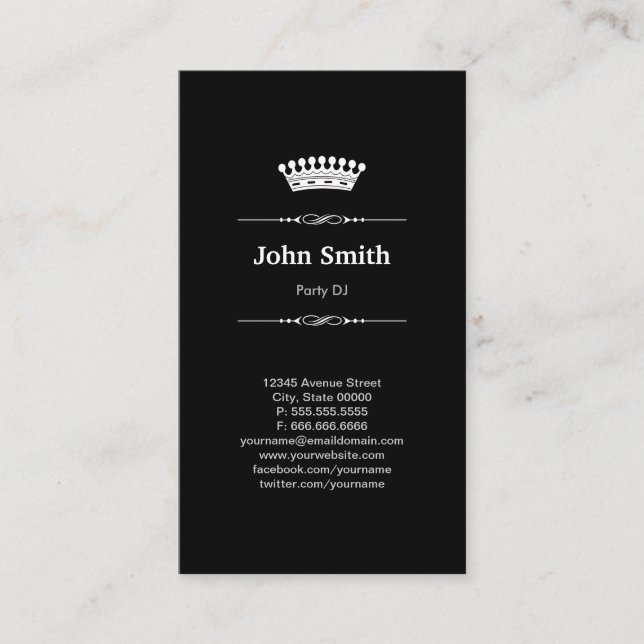Party DJ Simple Elegant Royal Crown Business Card (Front)