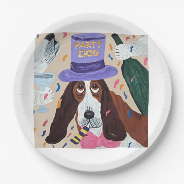 Party Dog Basset Hound  Paper Plates (Front)