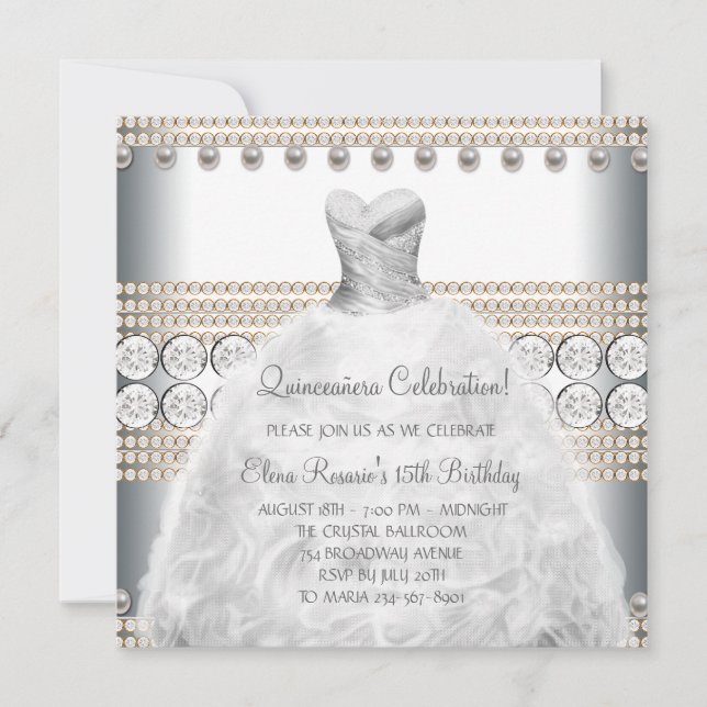 Party Dress Gold and White Quinceanera Invitations (Front)