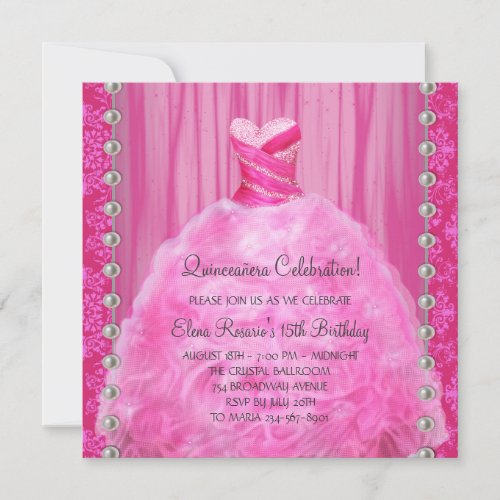 Party Dress Pearls Hot Pink Quinceanera Invitation