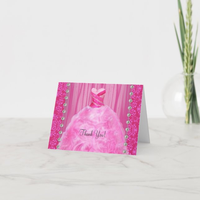 Party Dress Pearls Hot Pink Thank You Cards (Front)