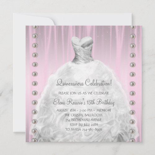 Party Dress Pearls Pink Quinceanera Invitation