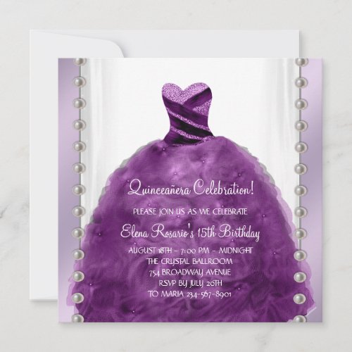 Party Dress Pearls Plum Purple Quinceanera Personalized Invite