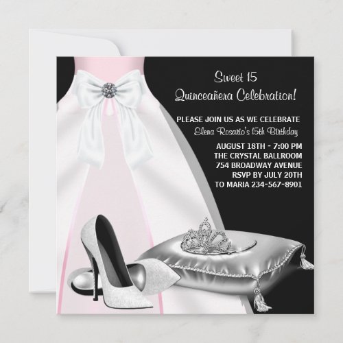 Party Dress Tiara Pink Black Quinceanera Invitation
