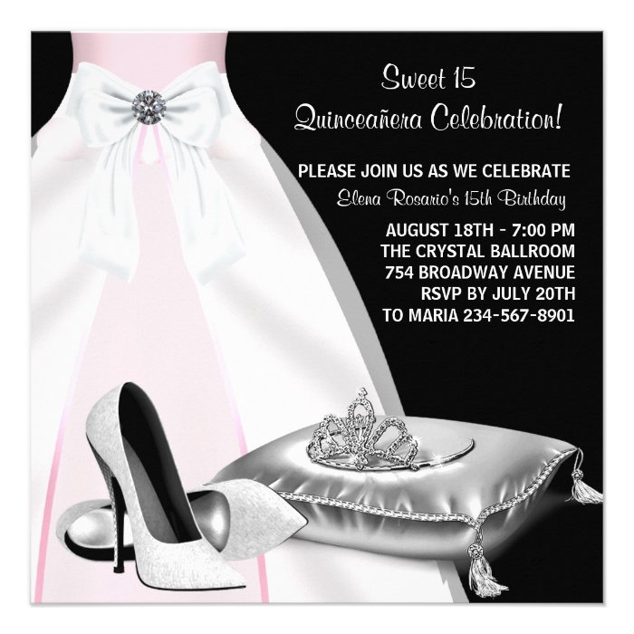 Party Dress Tiara Pink Black Quinceanera Invite