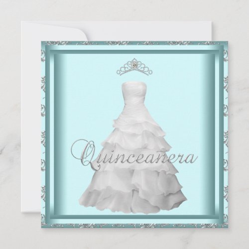Party Dress Tiara Teal Blue White Quinceanera Invitation