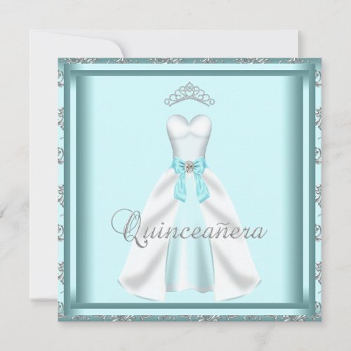 Party Dress Tiara Teal Damask Quinceanera Personalized Invitation