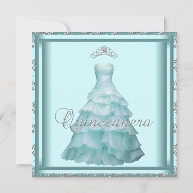 Party Dress Tiara Teal Damask Quinceanera Invitation (Front)