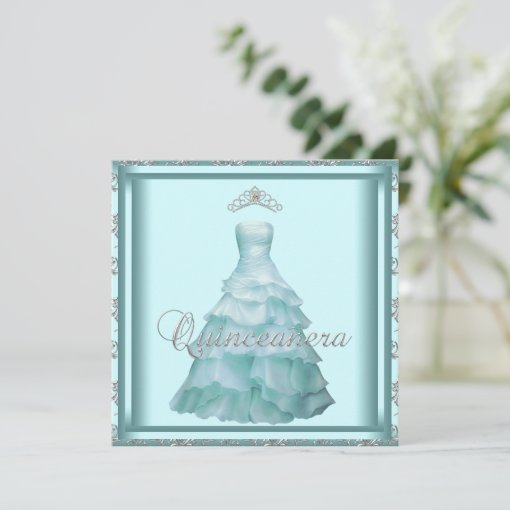 Party Dress Tiara Teal Damask Quinceanera Invitation Zazzle