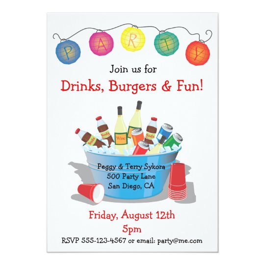 Party Drinks Invitation with wine, soda and beer