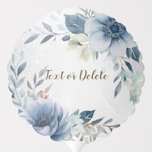 Party Dusty Blue Watercolor Flowers Silver Elegant Balloon