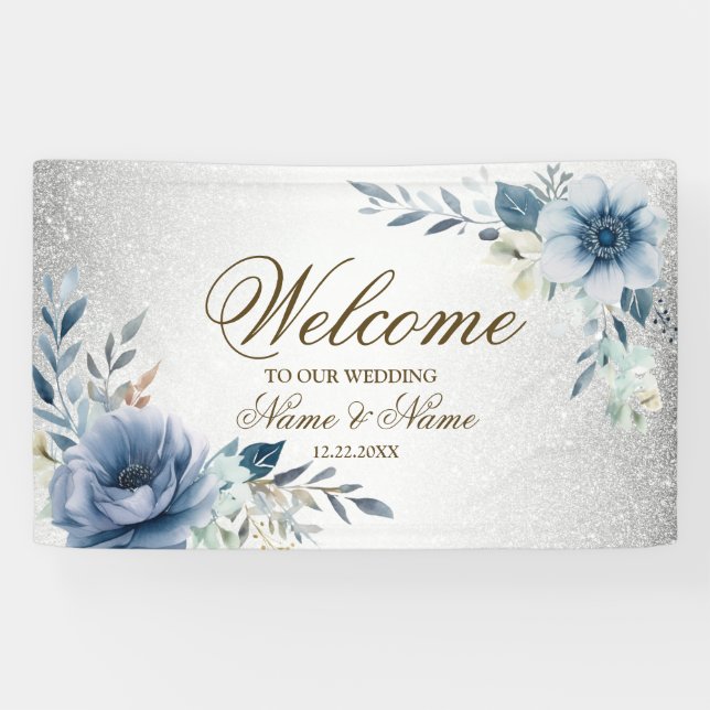 Party Dusty Blue Watercolor Flowers Silver Elegant Banner (Horizontal)