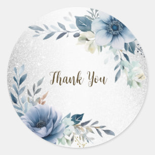 Party Dusty Blue Watercolor Flowers Silver Elegant Classic Round Sticker
