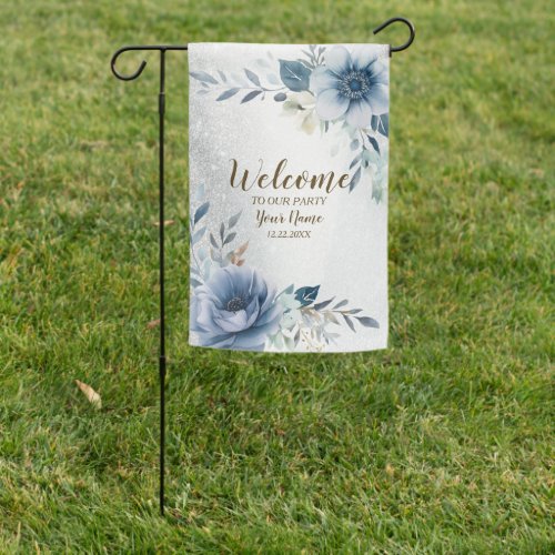 Party Dusty Blue Watercolor Flowers Silver Elegant Garden Flag