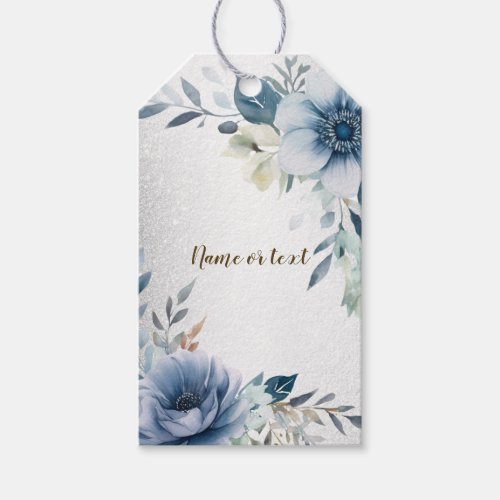 Party Dusty Blue Watercolor Flowers Silver Elegant Gift Tags