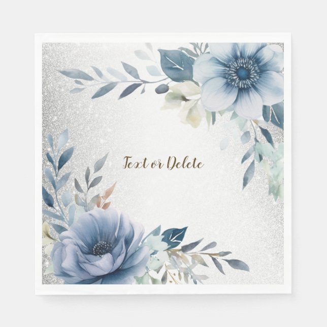 Party Dusty Blue Watercolor Flowers Silver Elegant Napkins (Front)